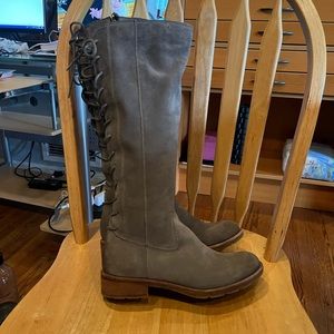 Diba True nubuck boots with side zipper and laces up the back.